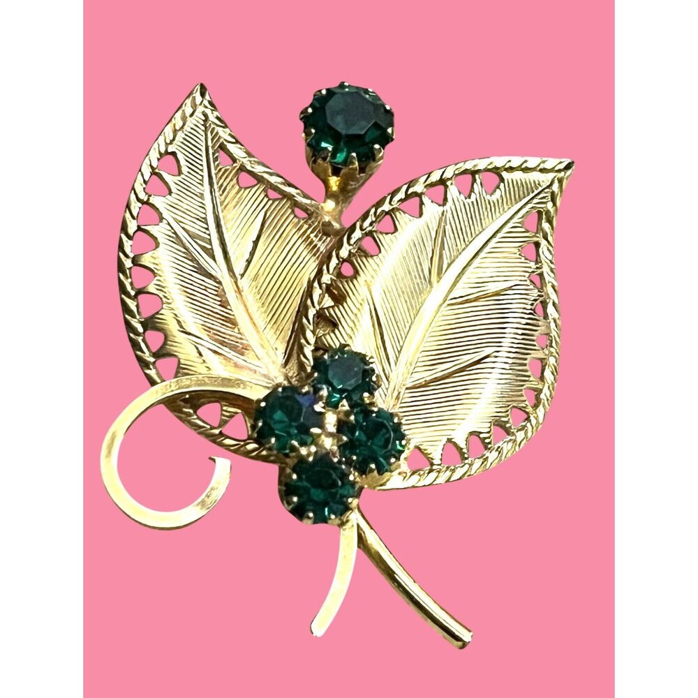 Vintage Gold-Tone Leaf Brooch With Green Rhinestones